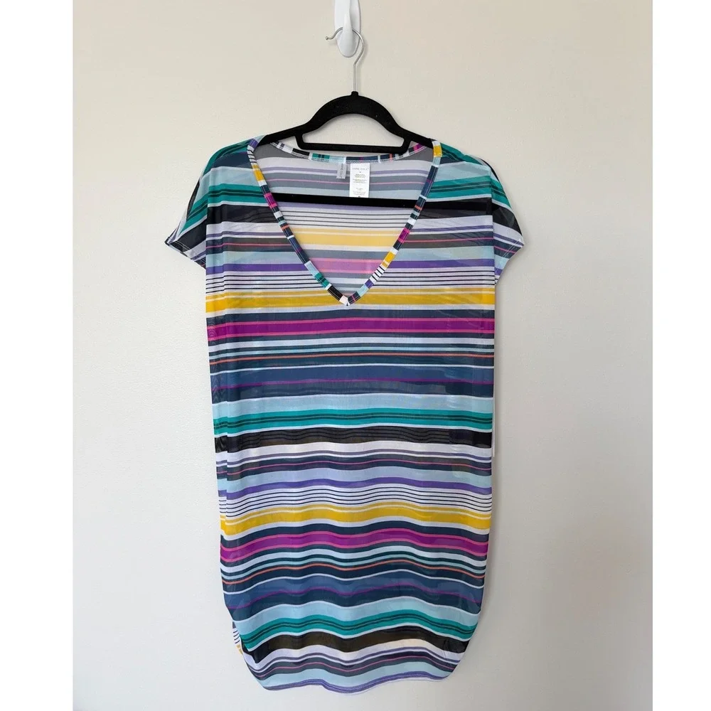 Anne Cole Multi Color Striped Mesh V-Neck‎ Swim Cover Up Dress Size M NEW